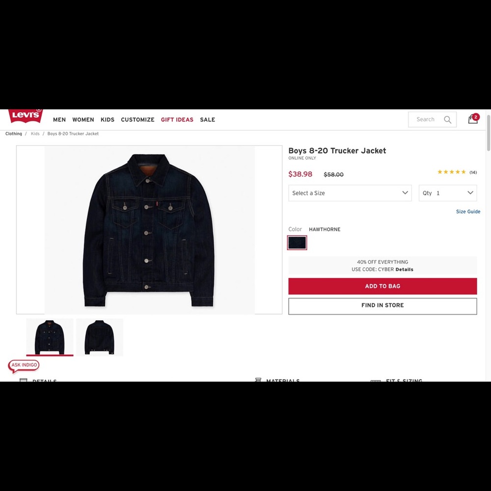 Levi’s Boys Trucker Jacket Size L